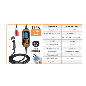 Feyree typ 2 mobilna ładowarka EV 11KW 16A 3 fazy z Wi-Fi + torba i uchwyt GRATIS