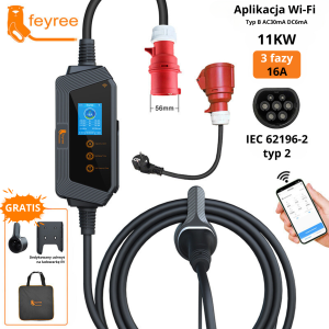 Feyree typ 2 mobilna ładowarka EV 11KW 16A 3 fazy z Wi-Fi + torba i uchwyt GRATIS
