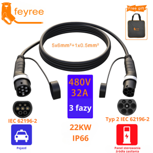 Feyree Trójfazowy Kabel do Ładowania Typ 2 22KW 32A + Torba GRATIS